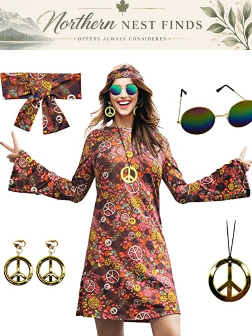 70s Hippie Costume Dress Set Retro Disco Outfit
